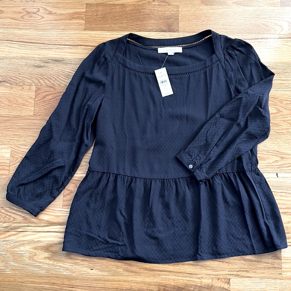 Loft Square Neck Peplum Navy Blouse Size Small Petite
